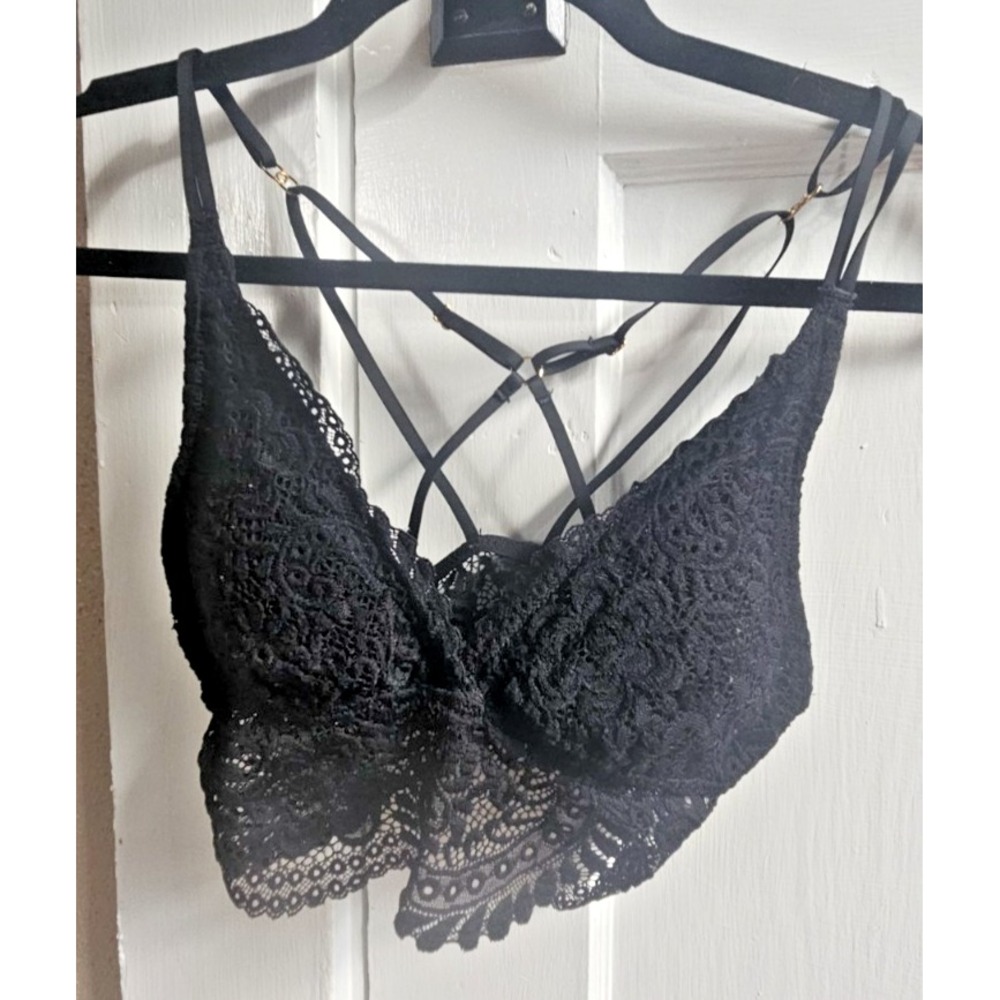 aerie black lace triangle bralette longline multistrip crisscross XS